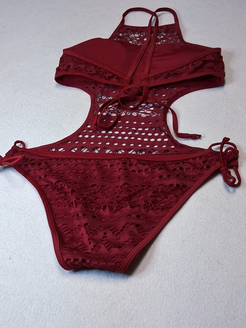 Crochet Cutout One-Piece Swimsuit - Wine Burgundy Crochet Monokini - Picture 4 of 11